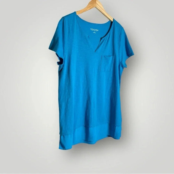 Soft Surroundings | Short Sleeve Top Mixed Media V Neck Pocket Blue EUC - Picture 2 of 7
